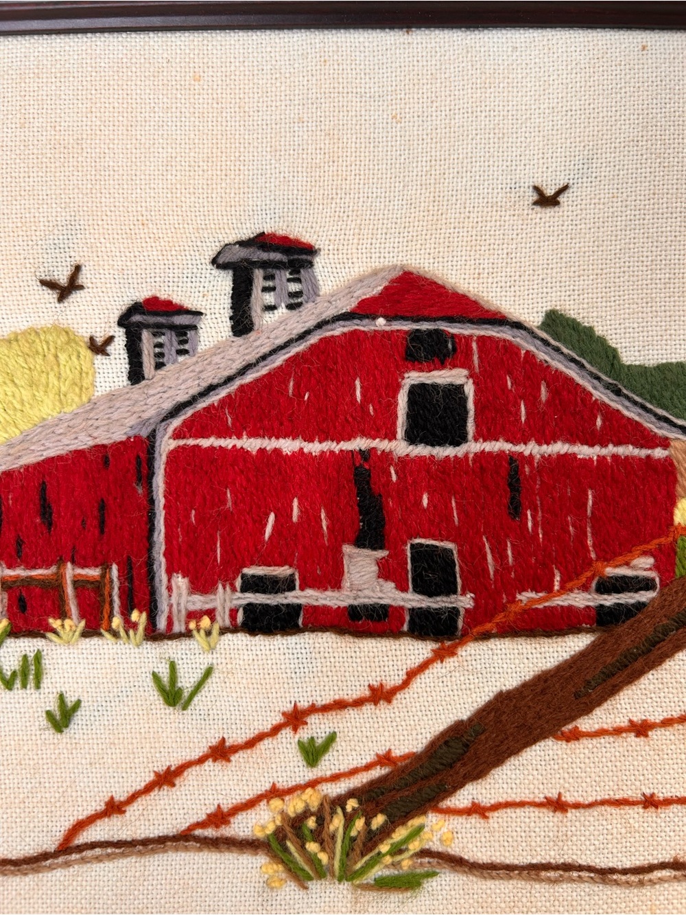 Hand Embroidered Vintage Folk Wall Art Red Barn with Rolling Hills
